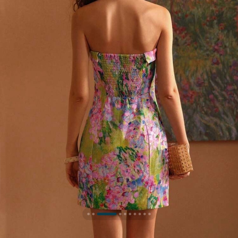 MOTF Linen Floral Print Shirred Back Strapless Mini Dress Large - Picture 6 of 12